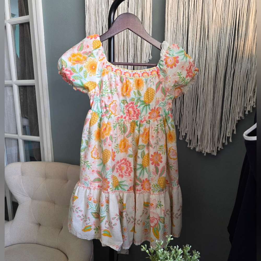 Rachel Zoe Girls Floral Dress Size 8 Tropical Pineapple Puff Sleeve Summer Dress